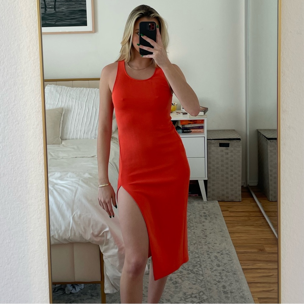 NBD Adilia Midi Dress in Red Orange